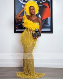 Yellow Feathers Tassels Beaded Aso Ebi Mermaid Prom Party Dresses For Women Corset Formal Ocn Dress African 322
