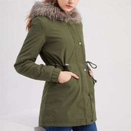 Women's Trench Coats High Quality Women Quilted Parka Coat Fur Collar Hooded Fleece Thick Winter Warm Drawstring Jacket Outwear Overcoat