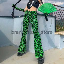 Women's Pants Capris Black Neon Green Long Pants Fashion Clothes Waist Flare Pants 2019 Autumn Streetwear Green Flame Print Flared Trousers For Women J231226