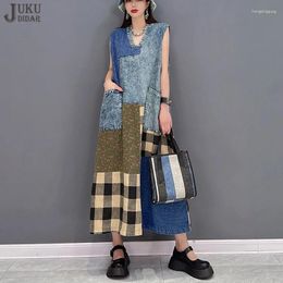 Casual Dresses Denim Patchwork Sleeveless V Neck Woman Plaids Tank Dress Loose Fit Tide Big Size Female Holiday Jean Robe Style JJXD528