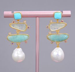 GuaiGuai Jewellery Freshwater White Pearl Blue Turquoise Green Amazonite Dangle Stud Earrings For Women Real Gems Stone Lady Fashion6344044