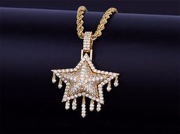 14K Gold Plated Icy Lab Diamond Star Drip Pendant Men Women with 24quot Rope Chain Necklace Silver Gold Colour Zircon Hip Hop Jew8930355