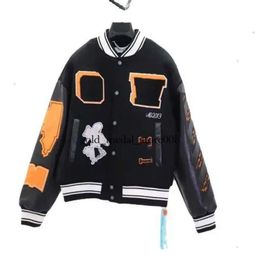 Off White Autumn Winter Brand Jacket New Coat Male and Female Lovers Ow Heavy Industry Embroidered Wool Spliced Leather Sleeve 128