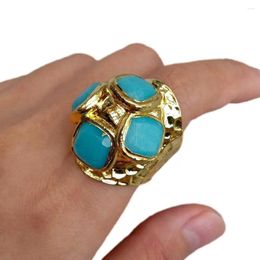 Cluster Rings YYGEM 13mm Blue Jade Gold Plated Adjustable Ring Women Jewellery Anniversary Gifts