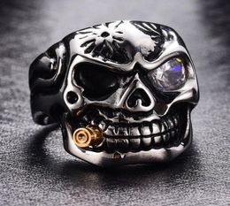2018 Fashion Casted Stainless Steel Halloween Rock Punk Skull Ring With Cubic Zirconia Bullet Biker Ring Size 8139341652