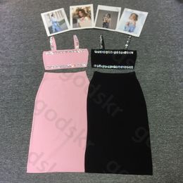 Sexy Rhinestone Camisole Skirt Women Elastic Waisted Package Hip Skirt Fashion Slim Knitted Suspenders Skirt 2 Piece Set