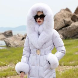 Luxury Women Long Down Coat Fox Large Fur Collar 95% White Duck Down Waterproof Slim Fit Thickened Keep Warm X-Long Down Jacket 231226
