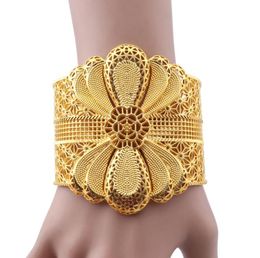 Luxury Indian Big Wide Bangle 24k Gold Colour Flower Bangles For Women African Dubai Arab Wedding Jewellery Gifts1814526