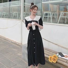 Party Dresses French Style Doll Neck Dress Women Single Breasted Blue Black With Belt 2023 Summer Fairy Waist Long Vestidos