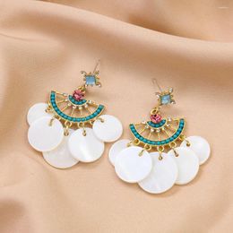 Dangle Earrings Bohemia Flabellate Skirt-shape White Mother Of Pearl Shell Tassel Earring Inlay Shiny Zircon Eardrop Beach Woman Jewellery