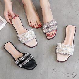 Slippers 2023 Brand Shoes Woman Cotton Fabric Small Beaded Flipflops Ladies Open Toe Sandals Flats Low Heel Slides Pantufa Mujer