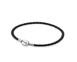 100% Real Black Leather Woven Mens Charm Bracelets for 925 Silver Charms Bracelet Best Gift Jewellery for Women and men8575607