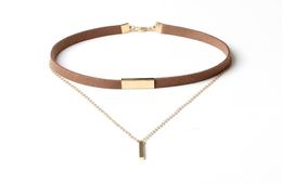 90039S Punk New Fashion Leather Flocking Choker Necklace Gold Plated Geometry With metal bar Pendant Collar Necklace F6718614