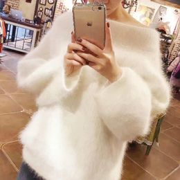 Women's Sweaters Korean Women Sexy Off Shoulder Soft Mink Cashmere Pullover Autumn Winter Thick Mohair Knitted Loose Slash Neck White