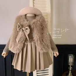 Kid Clothes Suit Korean Style The Girl Suit Autumn and Winter Children Fashion Fur Coat Knitted Top Pleated Leather Skirt 231225