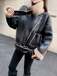 Fitaylor Autumn Winter Casual Lady Lapel Faux Lamb Wool Patchwork Leather Jacket Women PU Leather Coat Thick Warm Windproof Coat 231226