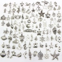 Mixed 100 Designs Sea Turtle Frog Mermaid Crab Crocodile Octopus Fish Bone Nautical Theme Charms Pendants For DIY Necklace Bang3086