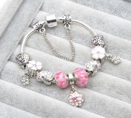 Wholesale- European charm Pink glass beads Bracelet Valentine's Day Gift Bracelet Suitable for Style Jewelry5270539