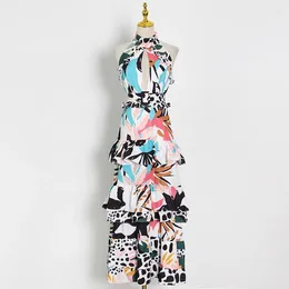 Casual Dresses Hollow Out Midi For Women Stand Collar Sleeveless High Waist Sexy Print Sashes Slim Dress Female Summer