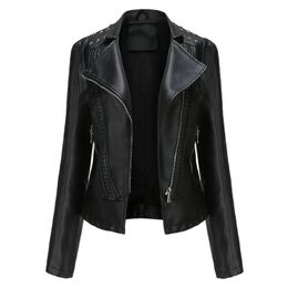 Faux Leather Jacket Women Rivet Motorcycle Jacket Spring Moto Biker Zipper Jacket Autumn Outerwear Black Brown Pink XS 231226