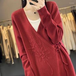 Women's Sweaters 23 Autumn And Winter 100 Pure Cashmere Cardigan V Collar Embroidered Loose Tie-front Top Sweater Wool Knitted