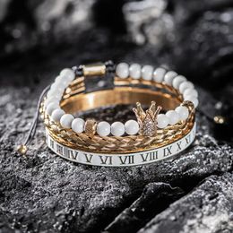 Bracelets Luxury Set Crown Charm Gold Color Skull Bracelet Stainless Steel Men White Enamel Roman Number Bangles Europe Fashion Jewelry
