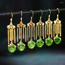 Dangle Earrings Natural Hetian Jade Green Chinese Style Eardrops Vintage S925 Sterling Silver Ornament Elegant And Ethnic