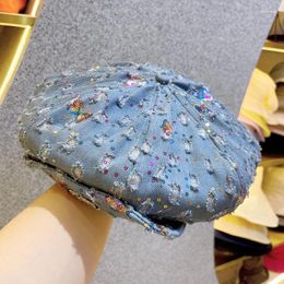 Berets Korean Designer Vintage Elegance Denim Blue Sequin Beret Hats For Women Spring Summer Femininity Niche Casual Painter Caps