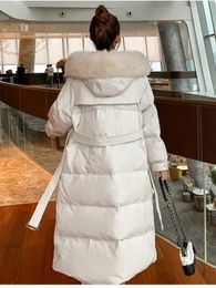 90% White Duck Down Jacket Women Long Fox Fur collar Hooded Jacket Loose Parka Coat Thickness Snow Warm Outwear 231226