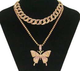 Hip Hop Iced Out Rhinestone Big Butterfly Pendant Necklace Cuban Chain Set for Women Statment Bling Crystal Animal Choker Jewelry4124076