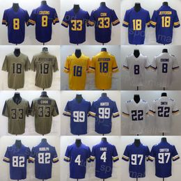 Mens Football 18 Justin Jefferson Jerseys 8 Kirk Cousins 22 Harrison Smith 33 Dalvin Cook 97 Everson Griffen 99 Danielle Hunter 4 Brett Favre Colour Rush Purple White