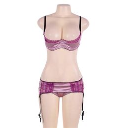 Set Purple Lace Halter Baby Doll Sexy Lingerie Women Set Open Bra Stitching Garter Bow Lingerie Sexy Hot Erotic Plus Size Costume S927