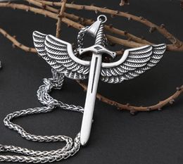 Pendant Necklaces Vintage Angel Holy Sword Stainless Steel Necklace For Men Fashion Jewellery Wing Punk Chain4510316