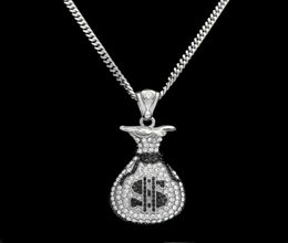 Hip Hop Gold Silver Cash Money Bag Pendant For Men Women Bling Crystal Dollar Charm Necklace With Cuban Chain Jewelry1824239