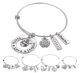 Love Inspire Teach White Crystal Apple Ruler Bracelet Stainless Steel Pendant Bangle Jewelry Gift Teacher Friend DLH2049795276