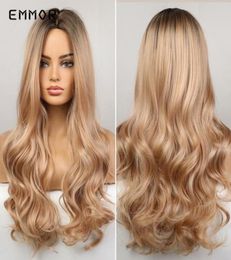 Synthetic Wigs Emmor Long Wavy Hair Wig Ombre Brown To Blonde For Women Natural Middle Part Heat Resistant Cosplay54165256923232