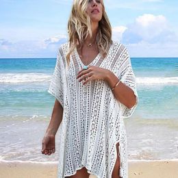 Swimwear female Swimwear Women Sexy Hollow Out Short Sleeve Mini Dress Crochet Swimsuit Bikini Cover Up Beachwear Bathing Suit Seethrough