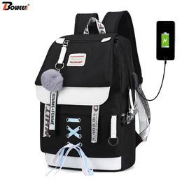 Canvas Usb School Bags for Girls Teenagers Backpack Women Bookbags Black Large Capacity Middle High College Teen Schoolbag 231225