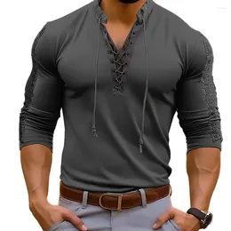 Men's T Shirts 2024 Spring Autumn Men T-Shirts Mesh Patchwork Long Sleeve Top Tees Solid Lace Up V-Neck Casual Bottom Blouse Tops
