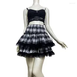 Skirts Women Gothic High Waist Plaid Tiered Ruffled Lace Trim A-Line Mini Pleated Skirt N7YF