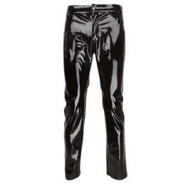 Men Wet Look Patent Leather Full Length Pants Boys Black Glossy Mid Waist Straight Trousers Bar Nightclub Stage Show Costumes 231225