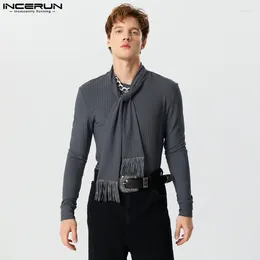Men's T Shirts INCERUN Tops 2023 American Style Handsome Men Knitted Pit Neckline Tie T-shirts Tassel Tight Elastic Long Sleeved Camiseta
