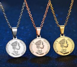 Vintage Carved Elizabeth Round Coin Necklace For Women Fashion Steel Gold Color Minimalist Medallion Long Jewelry Pendant Necklace1753014