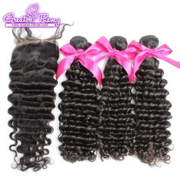 Wefts Brazilian Deep Wave Bundles with Closure 100 Unprocessed Virgin Deep Curly Weave Human Hair Bundles with 4x4 Free Part Lace Closur