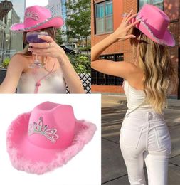 Wide Brim Hats Pink Cowboy Hat LED Tiara Women039s Sequin Furry Decoration Fashion Party Cap Warped Western Style Cowgirl Costu4702476