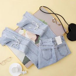 Women's Pants Jeans Women Summer Show Thin Section Of Tall Waist Front Split Pearl Bow Bootleg Drills Very Light Colour