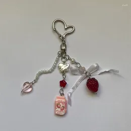 Keychains Strawberry Milk Keychain Cute Handmade Bow Keyring Jewellery Y2k Cottagecore Fairycore