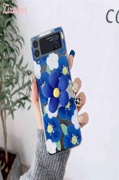 Fashion Cute Retro Oil painting blue Flowers With holder Phone Case For Samsung Galaxy Z Flip 3 Personality shockproof Cover New A1436917