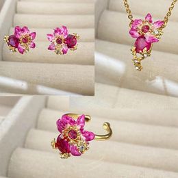 Stud Earrings Tropical Parrot Bauhinia Set System Enamel Has Top Quality Necklace Ring