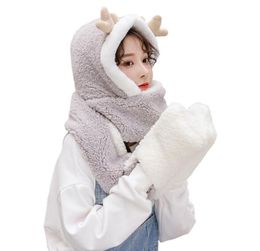 BeanieSkull Caps Women Winter Warm Reindeer Antler 3 In 1 Plush Hoodie Hat With Long Scarf Gloves D08E3082893
